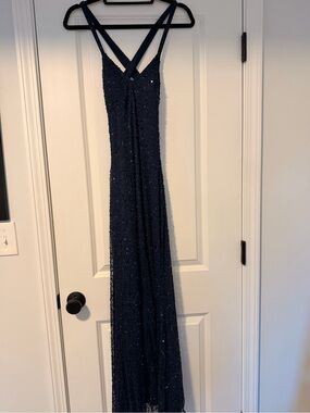 Morgan & Co. Navy Beaded Sequin Maxi Gown Size 6 Open Back Formal Dress